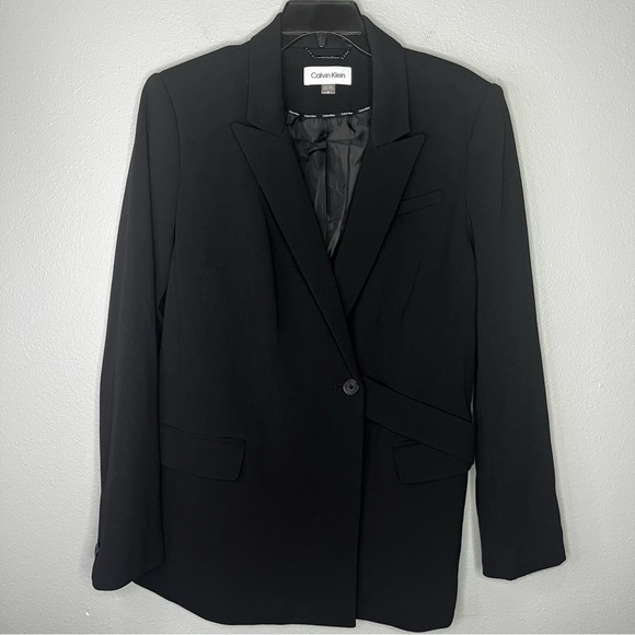 Calvin Klein One Button Strap Blazer Jacket Women 16 Black Lined Career Casual - Picture 1 of 10